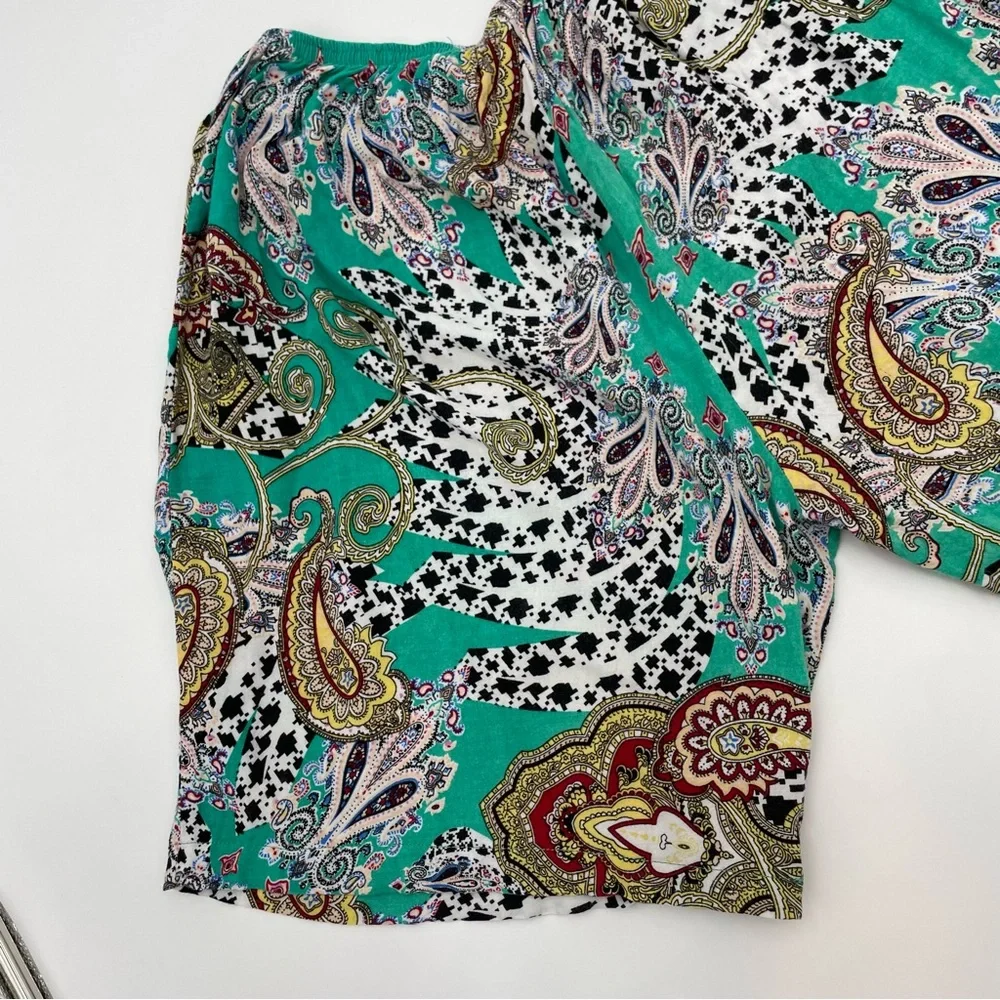 Paisley Shorts Women Lightweight‎ Boho Elastic Waistband PJs Casual Green White